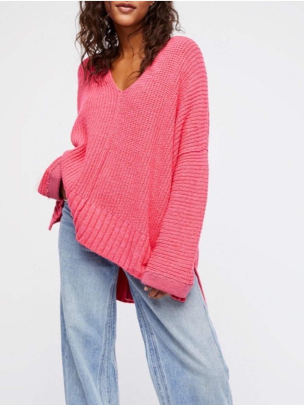 Free People Take Me Over V - Neck Pullover Sweater XS/S Oversized Bright Pink
